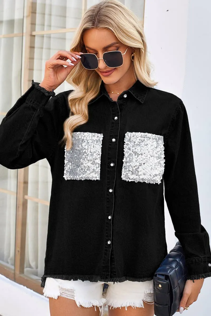 2024 LOOSE RAW EDGE SEQUIN POCKET DENIM SHIRT TOP_CWTSTL1065