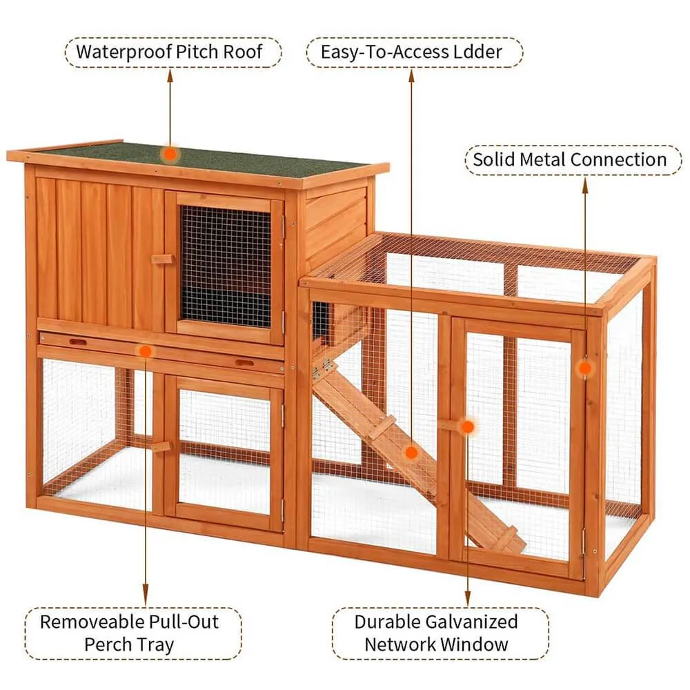 54.3" Rabbit Hutch Wooden Outdoor Open Roof Removable Tray & Ramp (Flat-Topped)