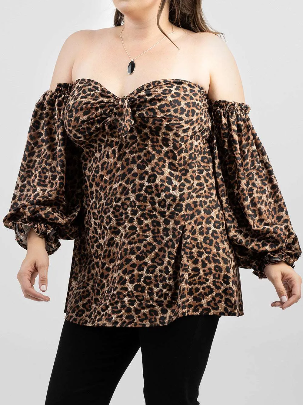 American Bling Plus Size Leopard Off-Shoulder Long Sleeve Top