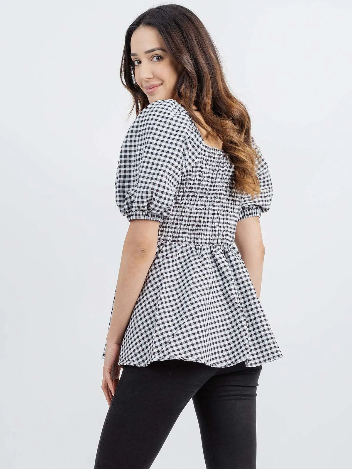 American Bling Plus Size Women Gingham Check Fabric Short Puff Sleeve Top