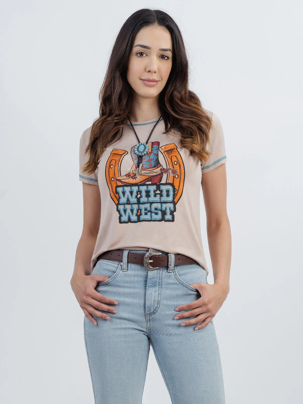 American Bling Women Mineral Wash Wild West Graphic Short Sleeve Tee AB-T3013 (Prepack 7 Pcs)