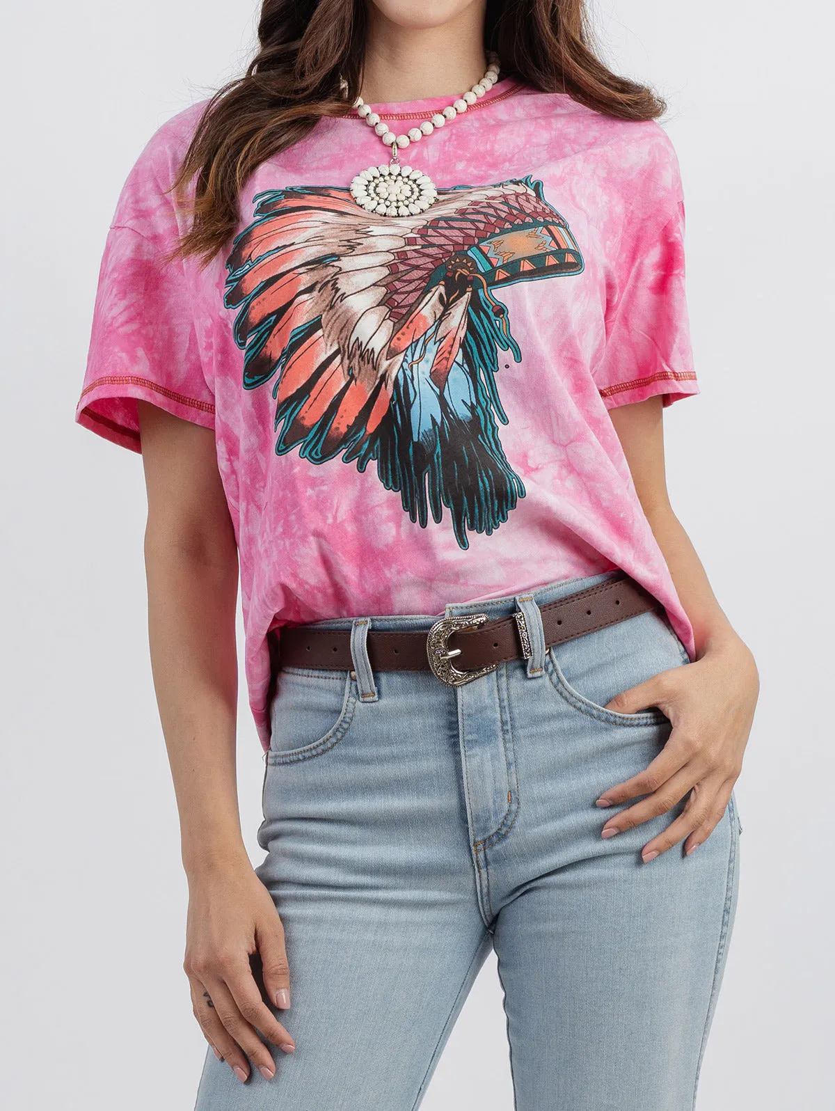 American Bling Women Tie Dye Native Headdress Graphic Short Sleeve Relaxed Fit Tee AB-T3006 (Prepack 7 Pcs)