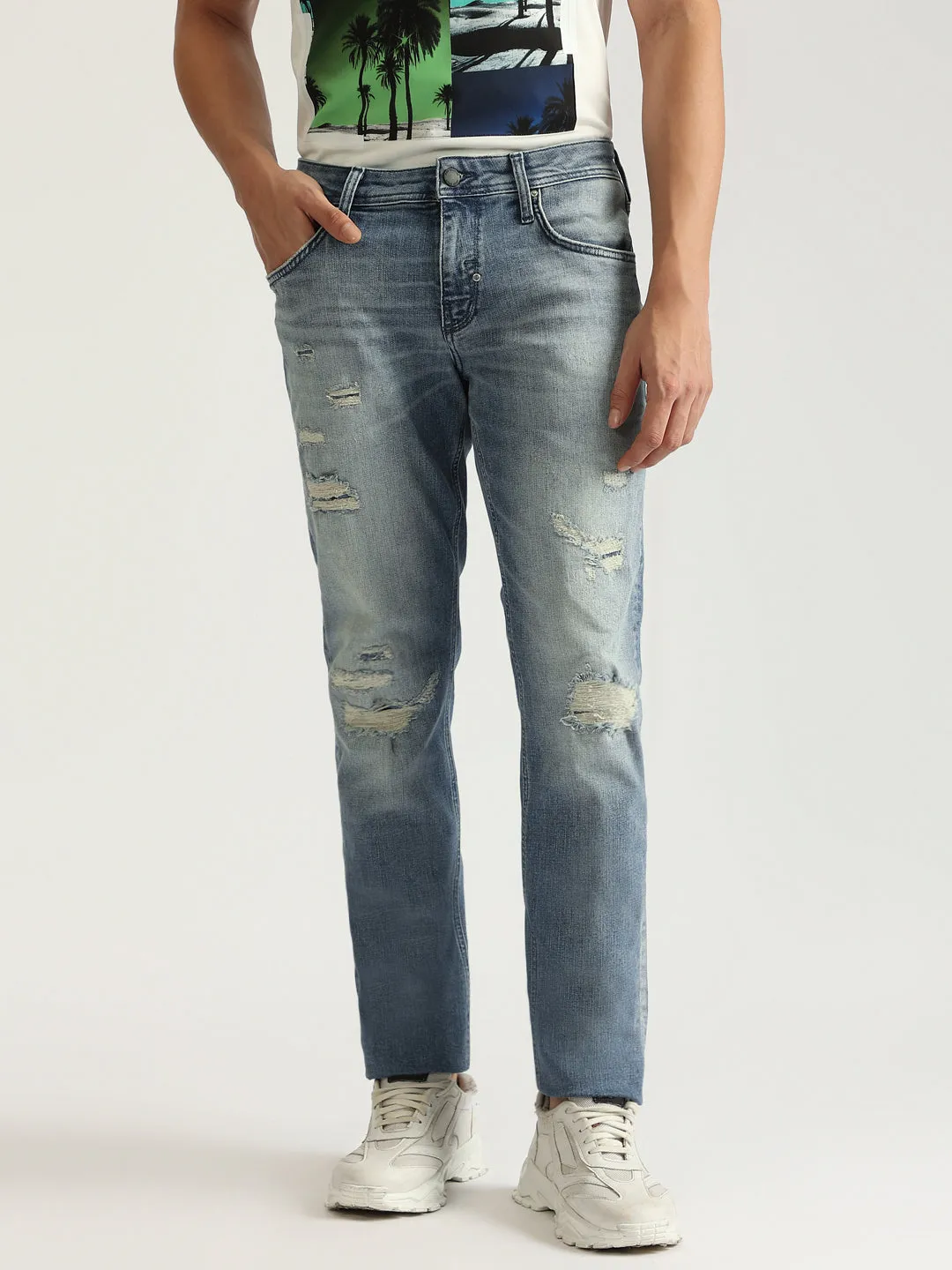 Antony Morato Men Blue Washed Mid-Rise Tapered Fit Jeans