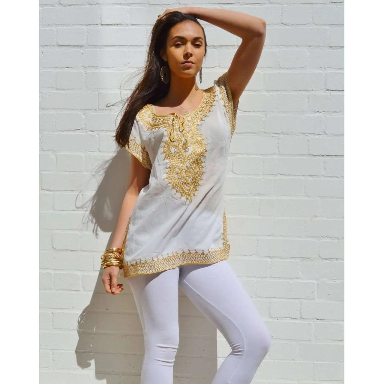 Asmahan Style White with Gold Embroidery Tunic