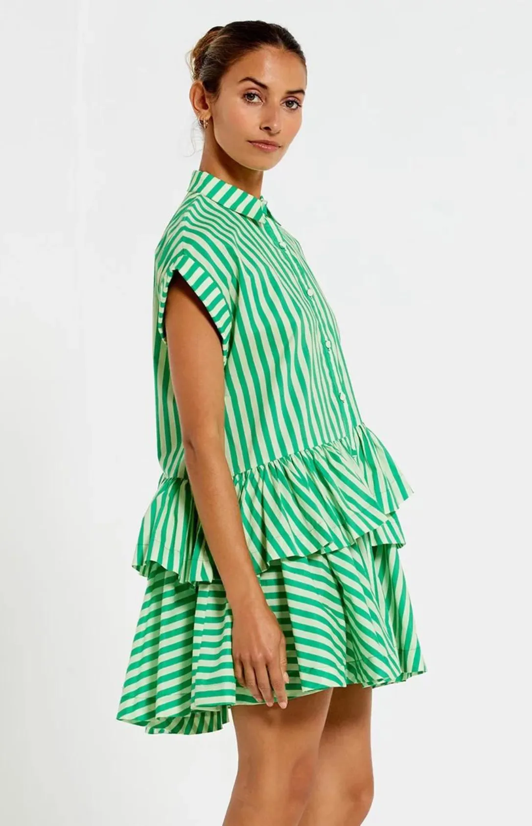 Asymmetric Ruffle Mini Dress - Tonal Jade Stripe