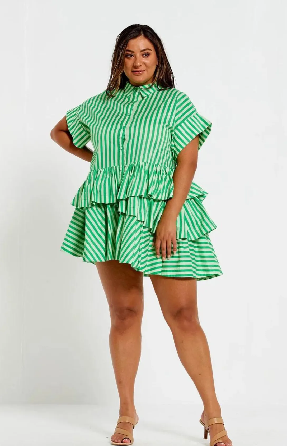 Asymmetric Ruffle Mini Dress - Tonal Jade Stripe