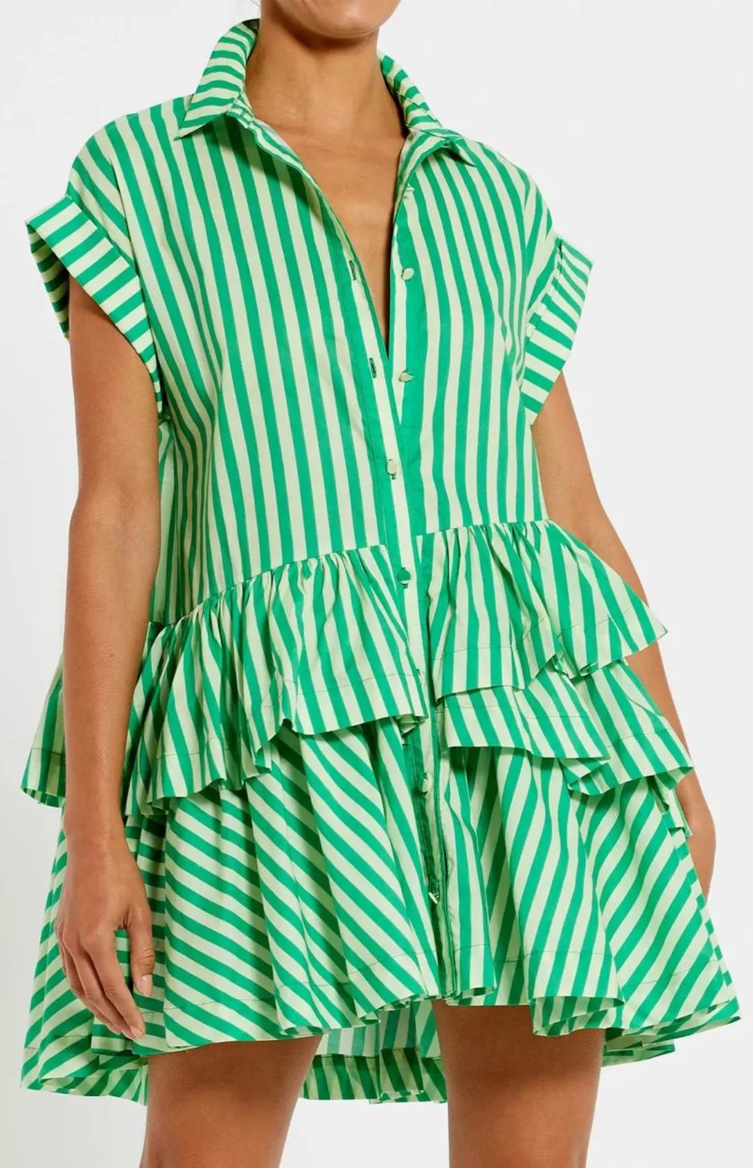 Asymmetric Ruffle Mini Dress - Tonal Jade Stripe