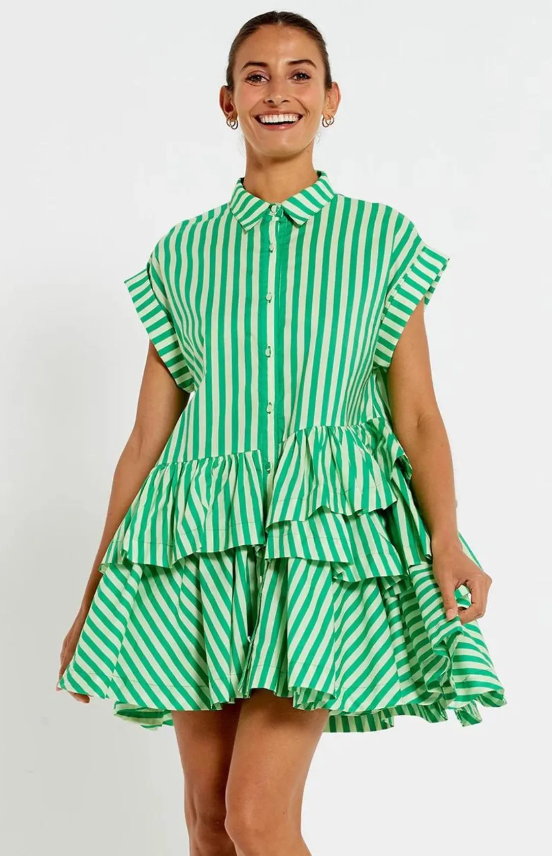 Asymmetric Ruffle Mini Dress - Tonal Jade Stripe