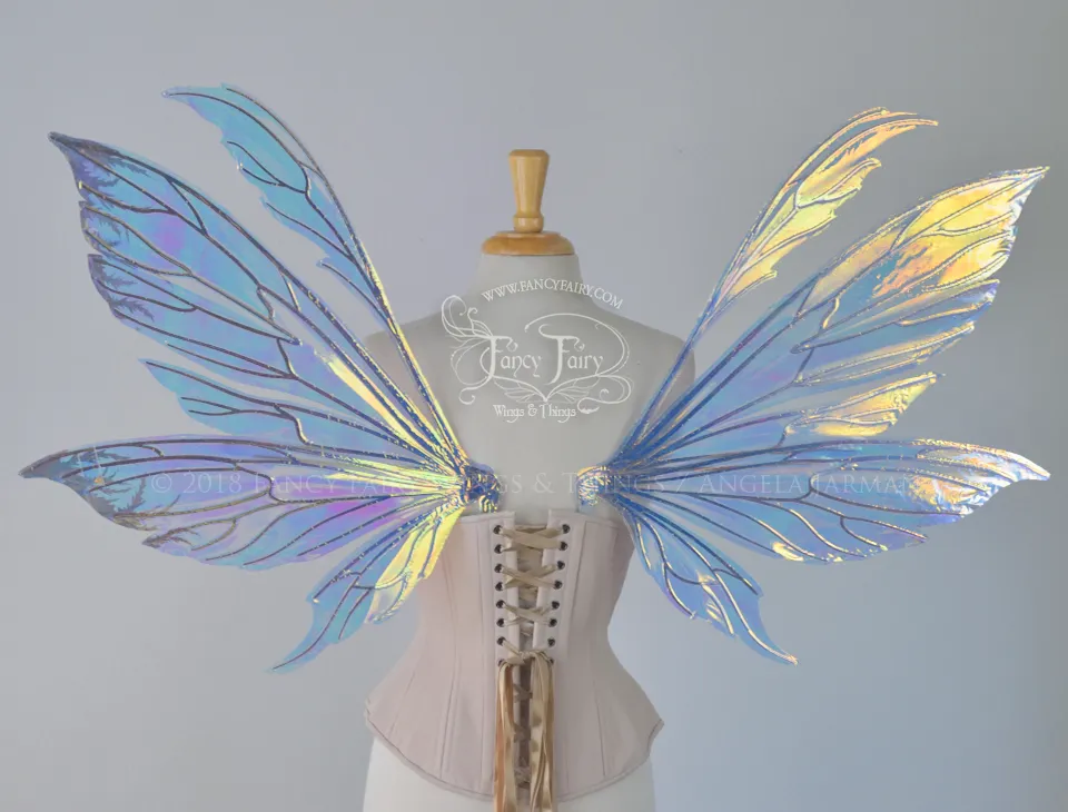 Aynia Iridescent Fairy Wings with Blue and Chrome Veins and Silver Foil 'frost'