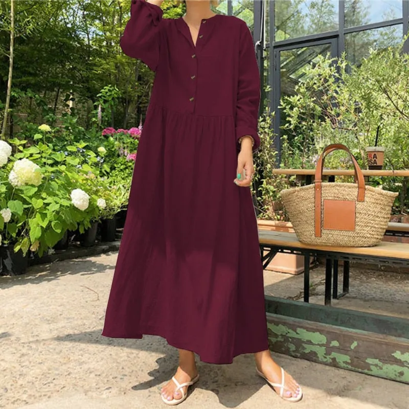 BerryBetty - Autumn Women Casual Solid Long Shirt Dress Pockets Long Maxi Vestidos Office Lady Work Cotton Dress Party Robe Femme