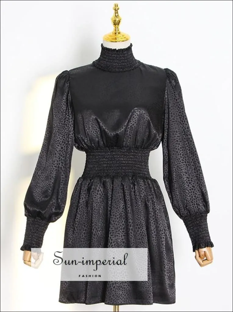 Black Long Lantern Sleeve Leopard Turtle Neck A-line Satin Mini Dress