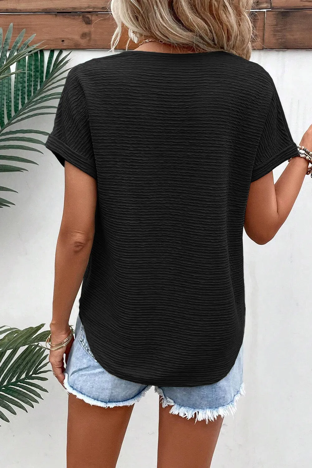 Black Textured Wide Sleeve V Neck T Shirt