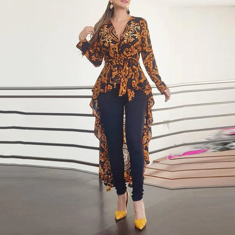 Bohemian Printed Ruffles Irregular Hem Shirt