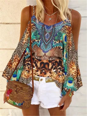 Bohemian Sling Off Shoulder Sleeve Print T-Shirt