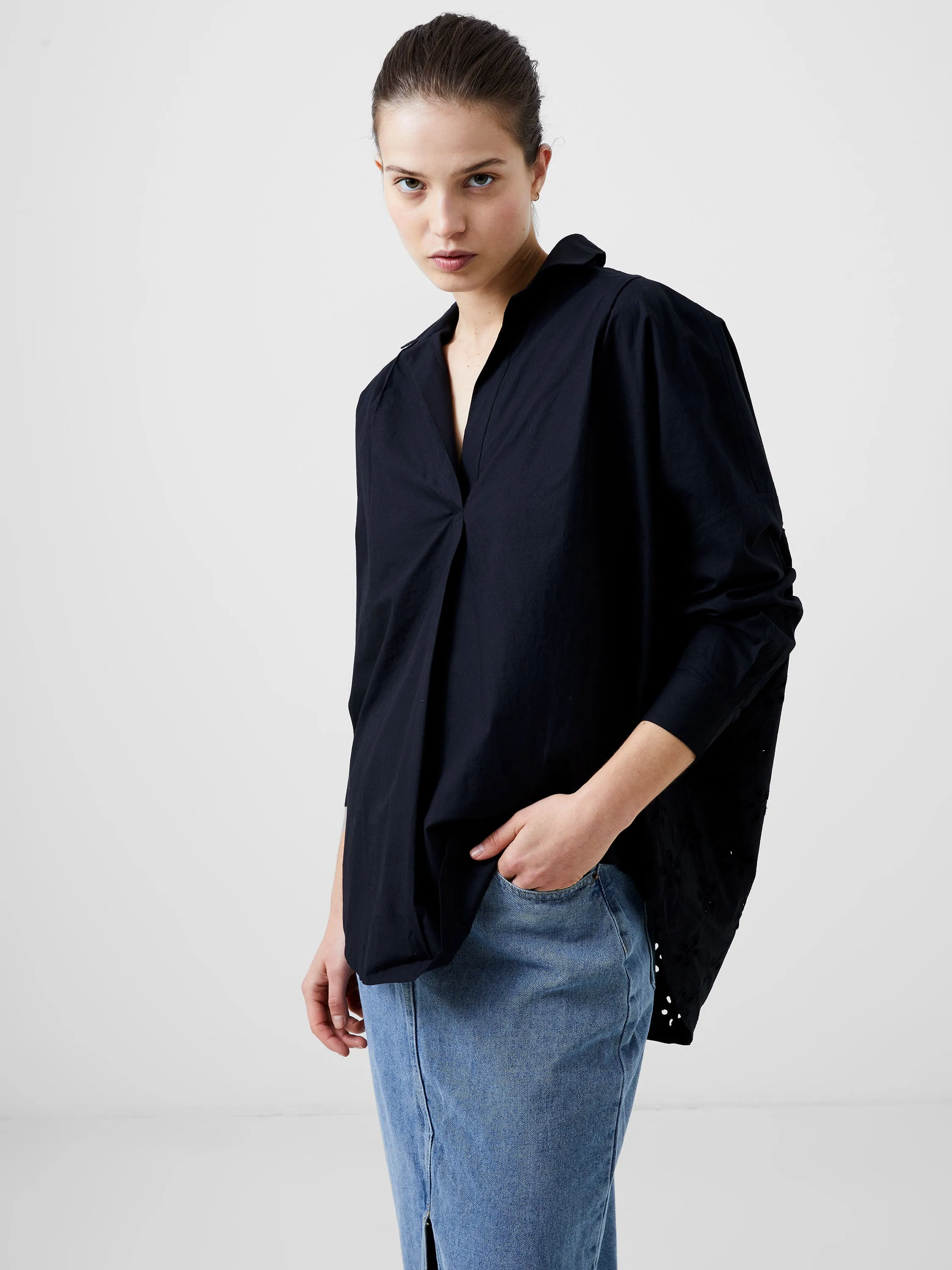 Broderie Mix Long Sleeve Popover Shirt