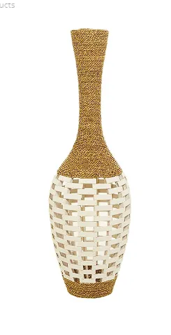 BROWN SEAGRASS HANDMADE WRAPPED TALL FLOOR VASE WITH OPEN FRAMED CREAM BAMBOO CENTER, 13" X 13" X 40"