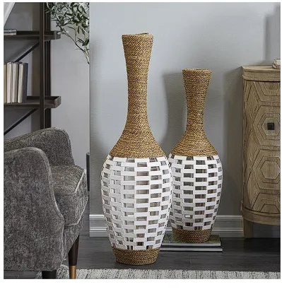 BROWN SEAGRASS HANDMADE WRAPPED TALL FLOOR VASE WITH OPEN FRAMED CREAM BAMBOO CENTER, 13" X 13" X 40"