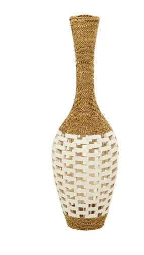 BROWN SEAGRASS HANDMADE WRAPPED TALL FLOOR VASE WITH OPEN FRAMED CREAM BAMBOO CENTER, 13" X 13" X 40"