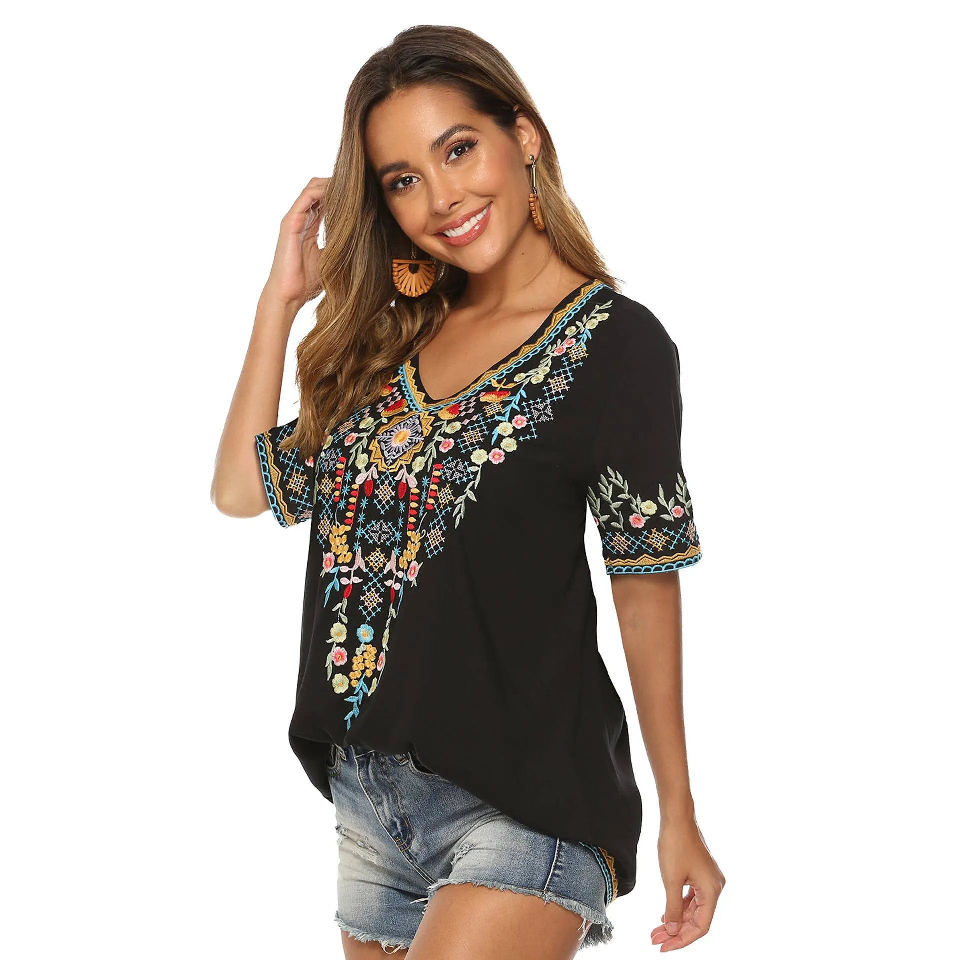 COTTON PLUS-SIZE V-NECK ETHNIC EMBROIDERED BLOUSE_CWTBLS0662