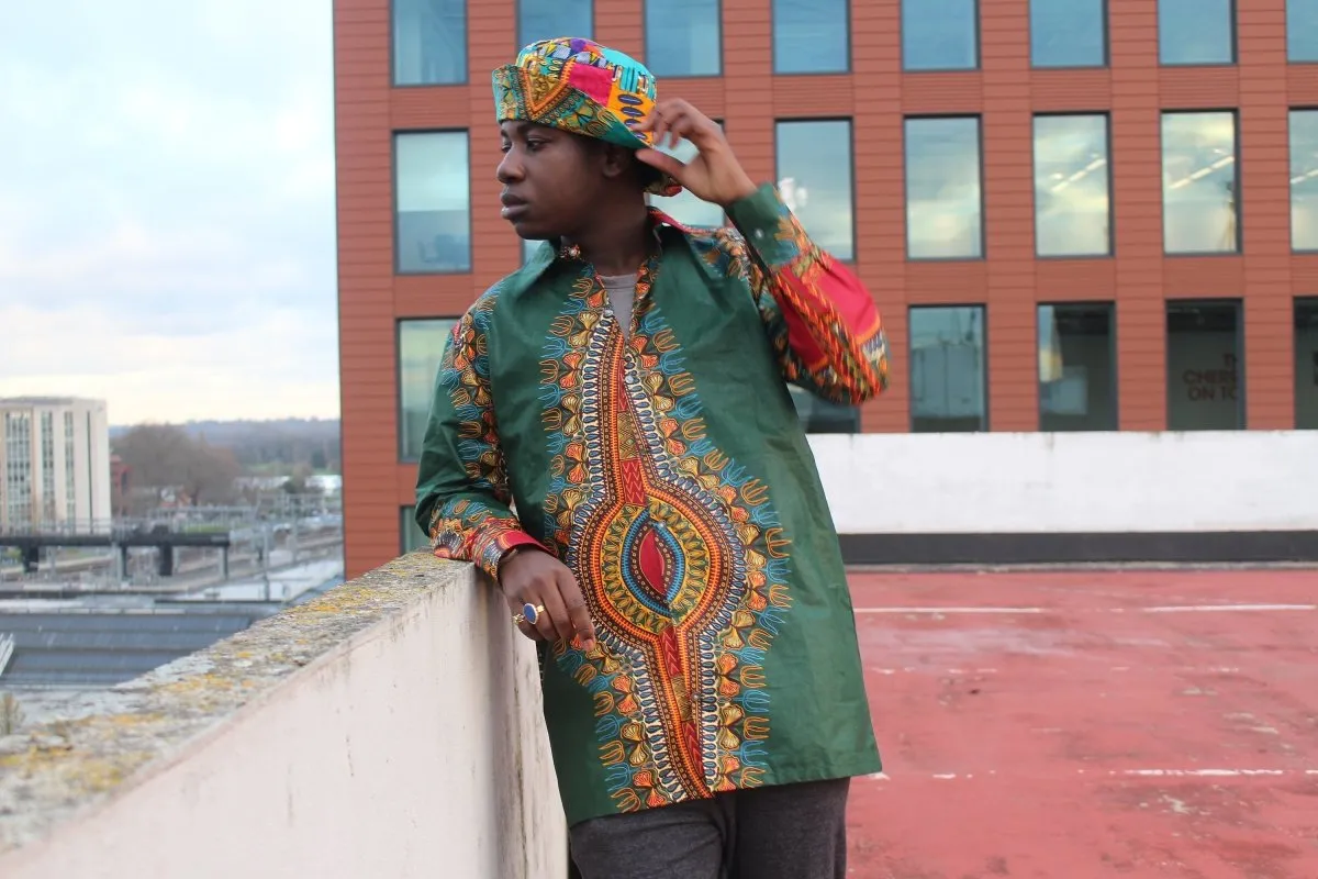 Dashiki Shirt in Green Print - Festival Clothing