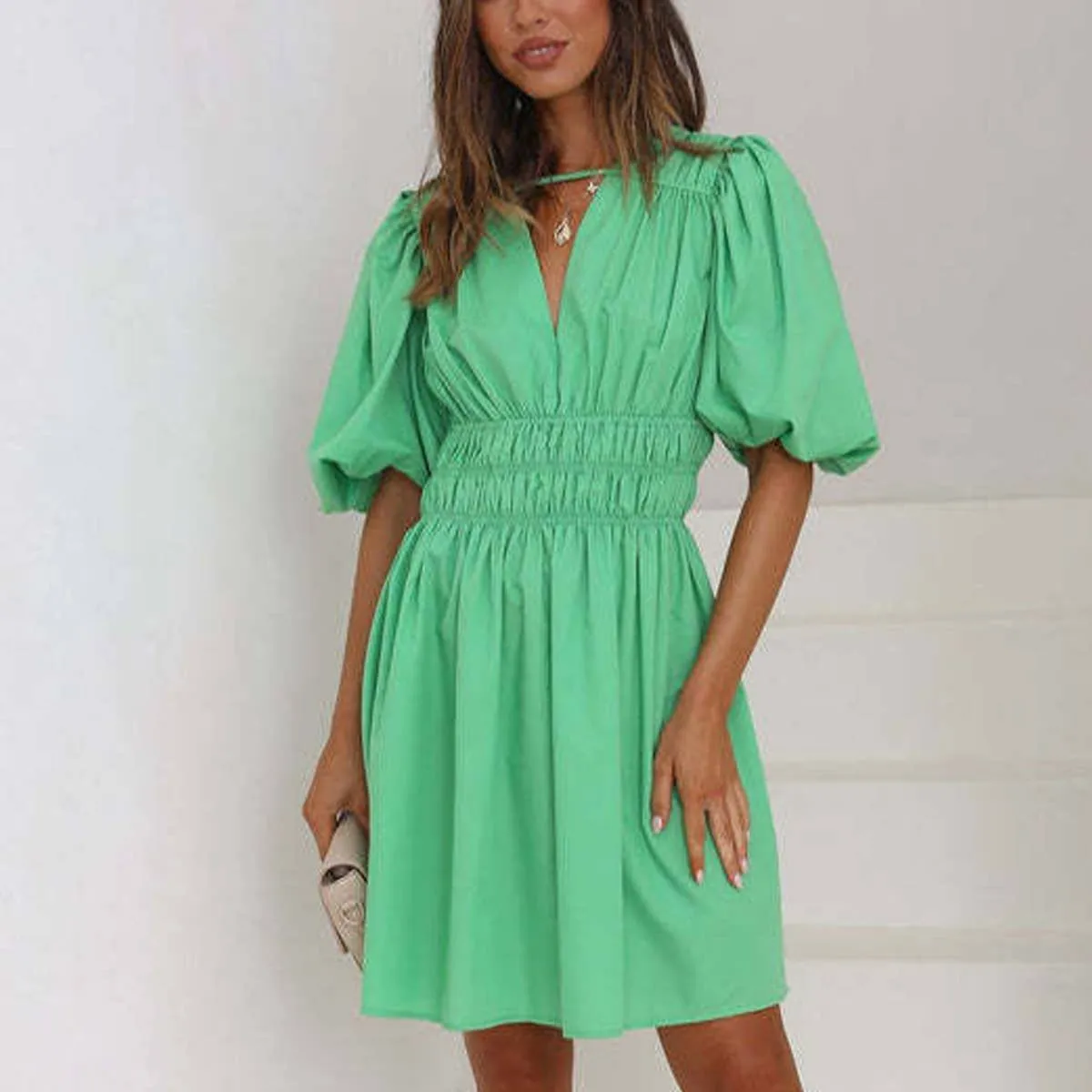 DEEP V WAIST CUT SHORT HIGH-WAISTED DRESS_CWDSD4152