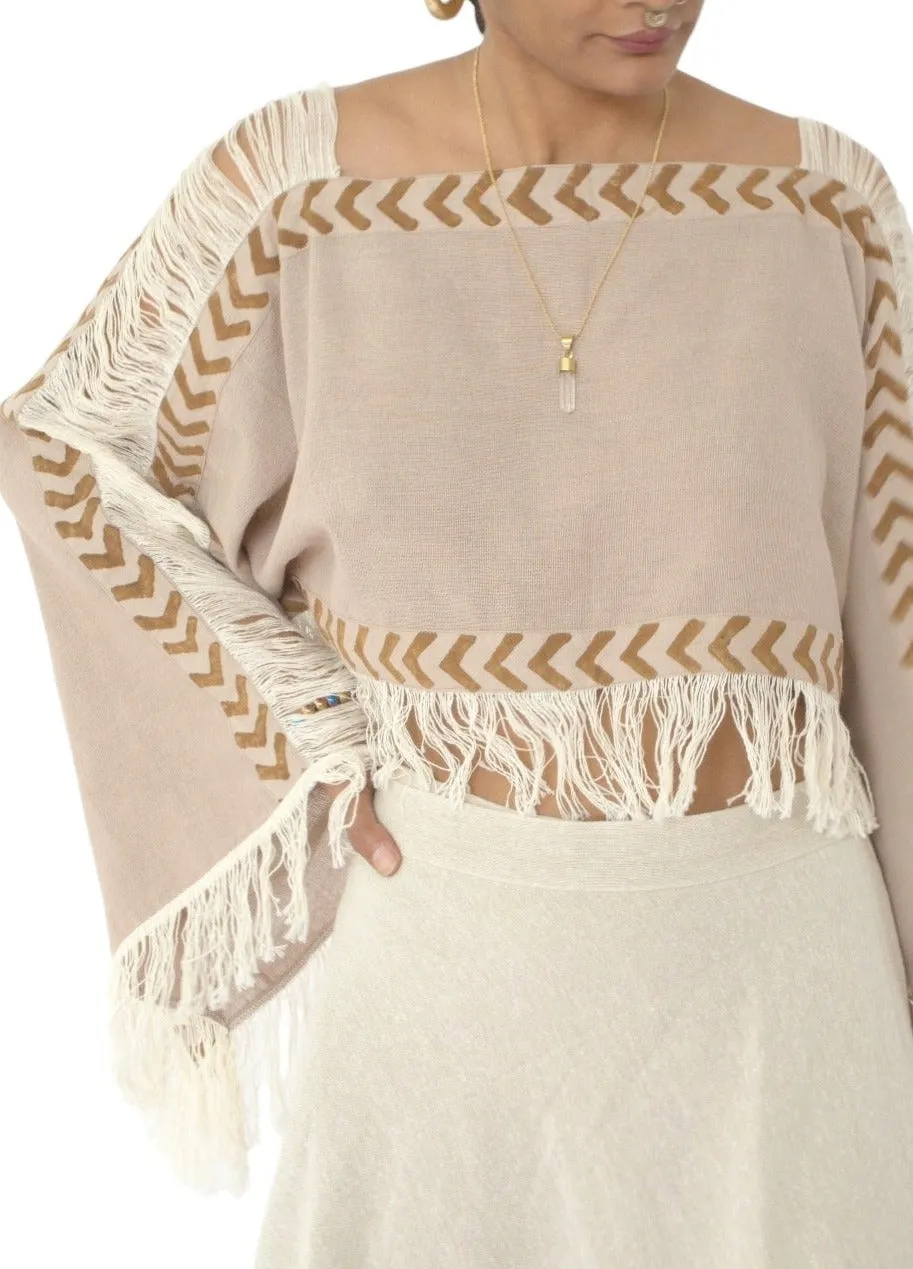 Dusty Rose Long Sleeve Crop Top with Fringe