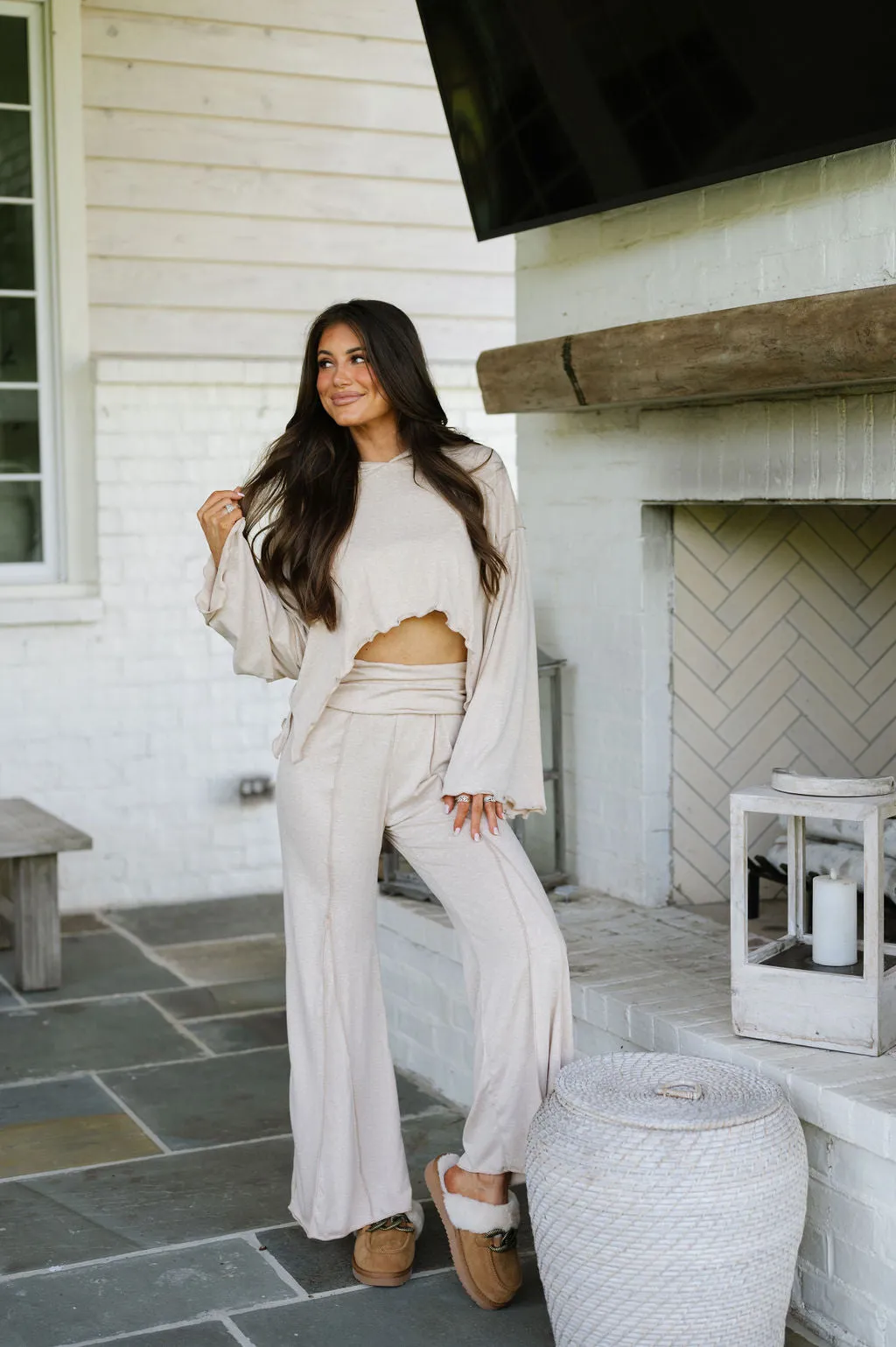 Exposed Seam Flare Pants Set-Taupe