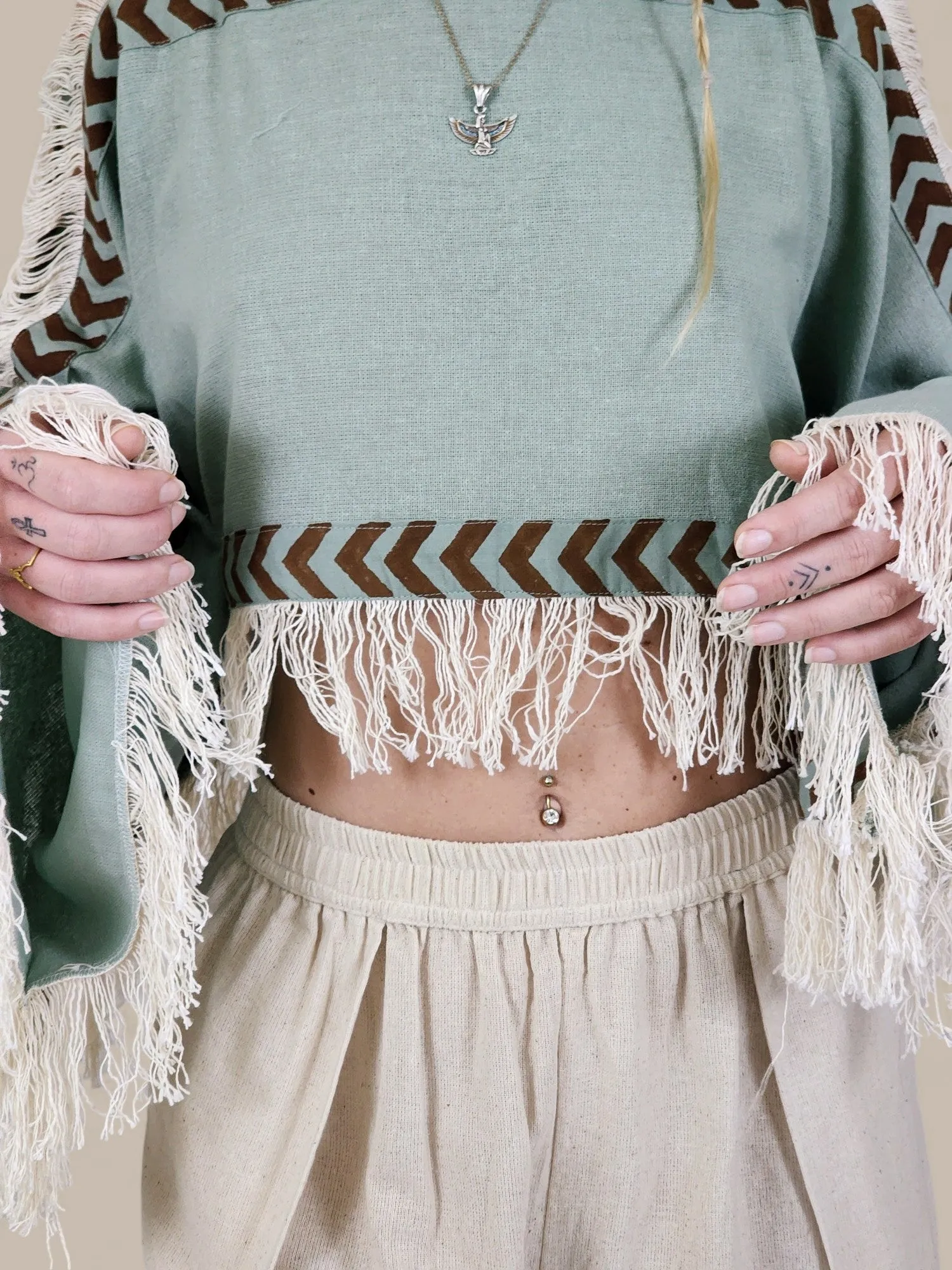 Green Sage Long Sleeve Crop Top with Fringe