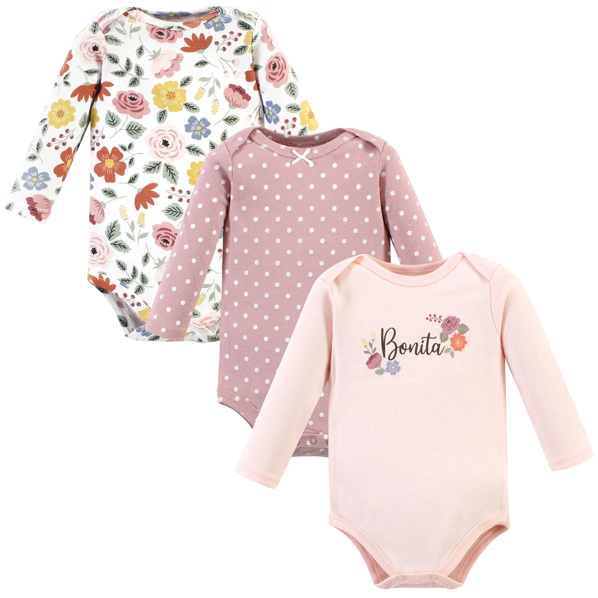 Hudson Baby Cotton Long-Sleeve Bodysuits, Bonita 3 Pack