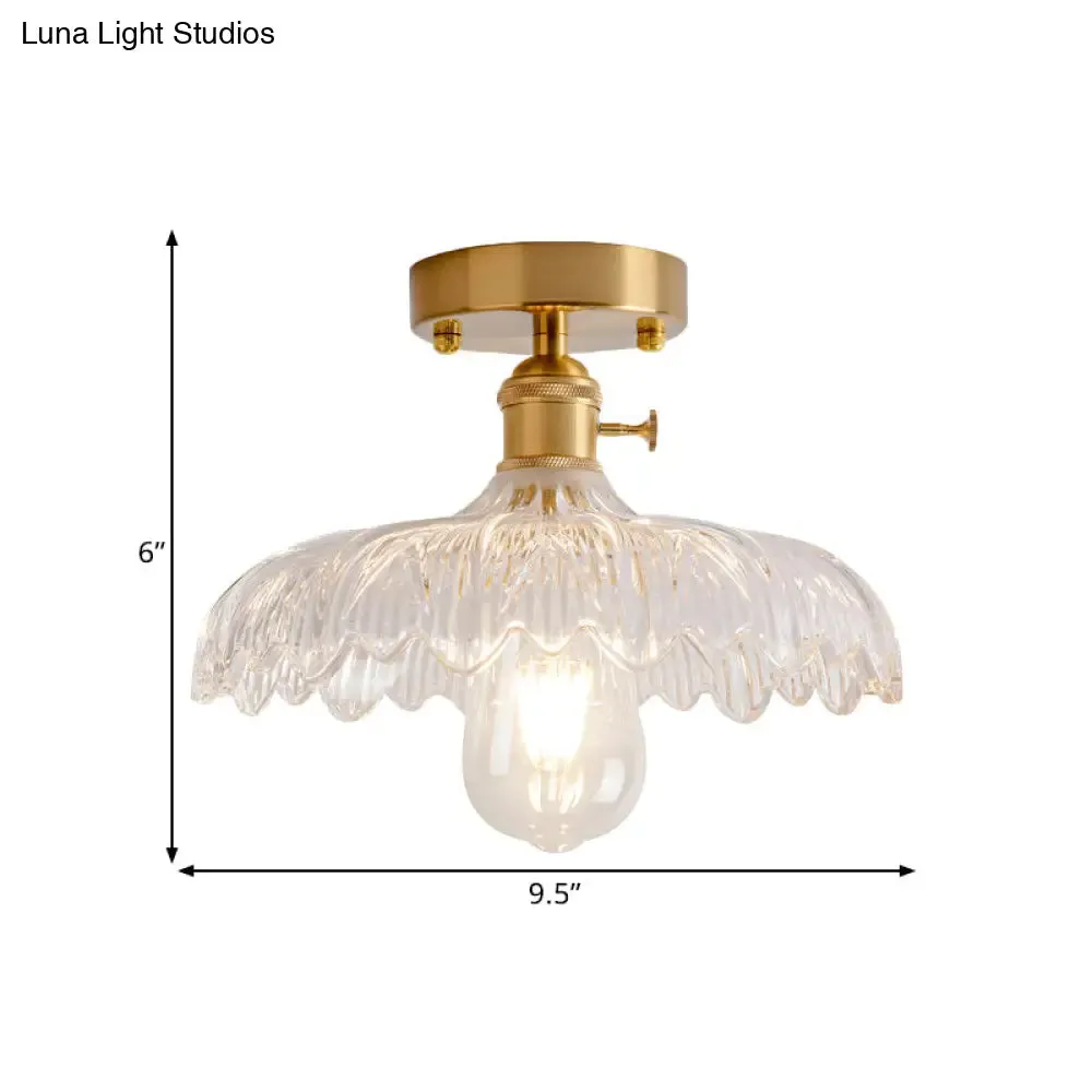 Industrial Brass Semi Flush Ceiling Light with Dome/Barn/Flower Shade - Amber/Clear Textured Glass - Ideal for Living Room