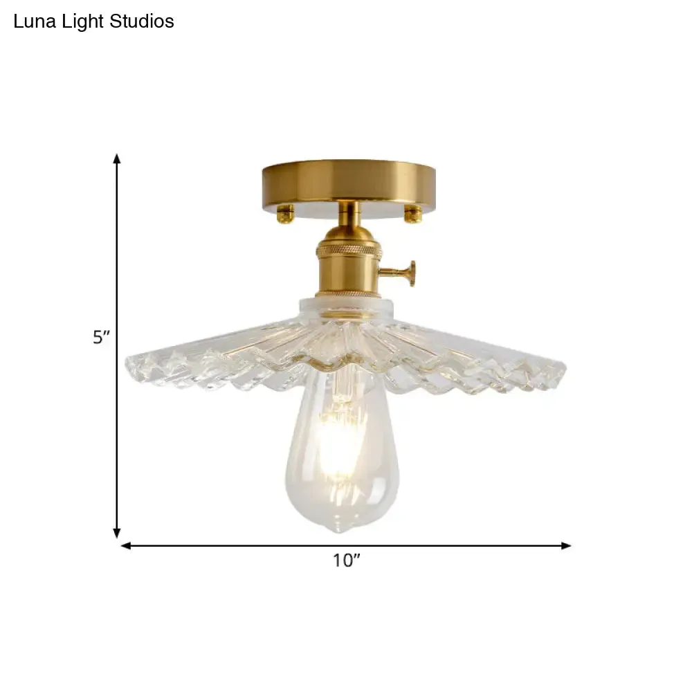 Industrial Brass Semi Flush Ceiling Light with Dome/Barn/Flower Shade - Amber/Clear Textured Glass - Ideal for Living Room