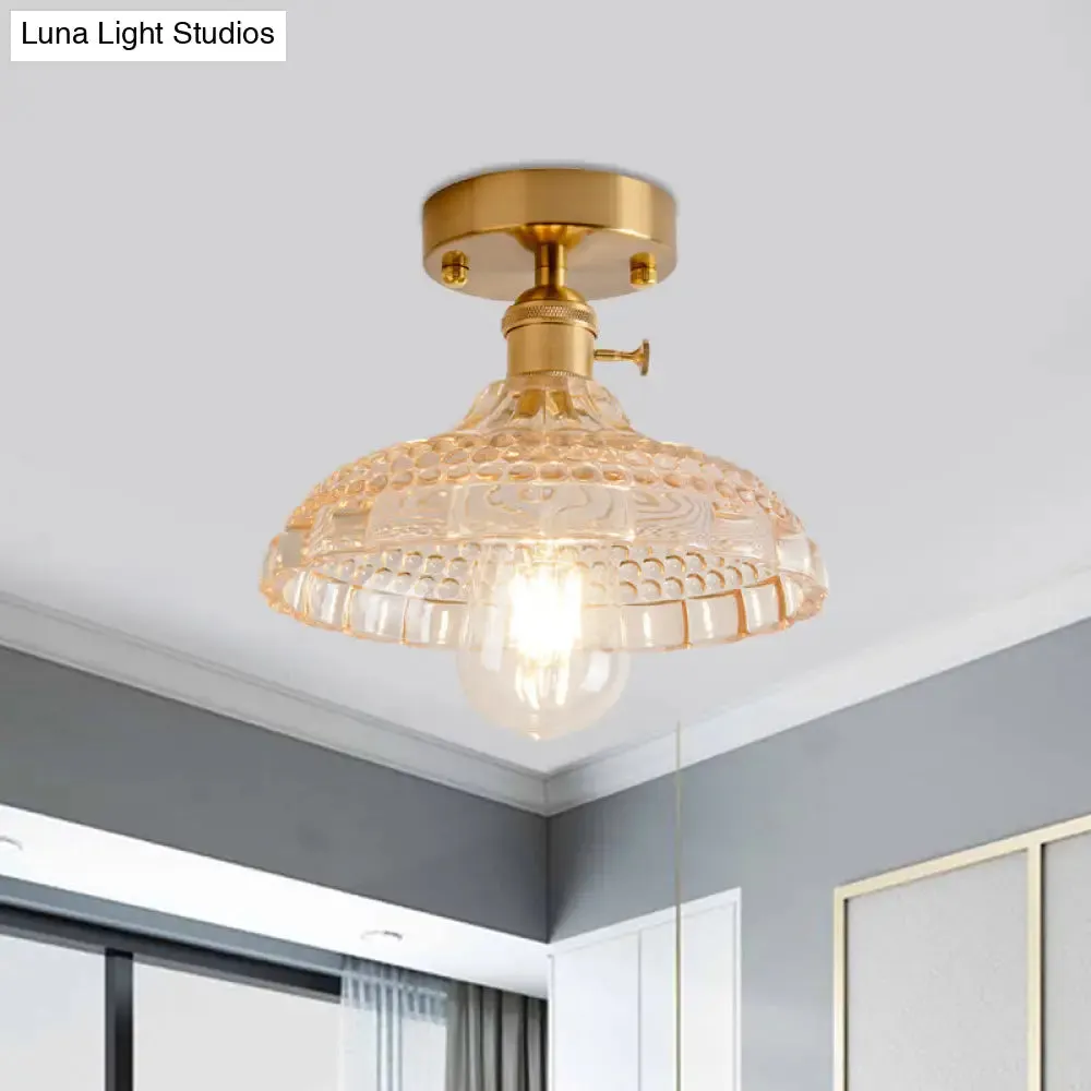 Industrial Brass Semi Flush Ceiling Light with Dome/Barn/Flower Shade - Amber/Clear Textured Glass - Ideal for Living Room