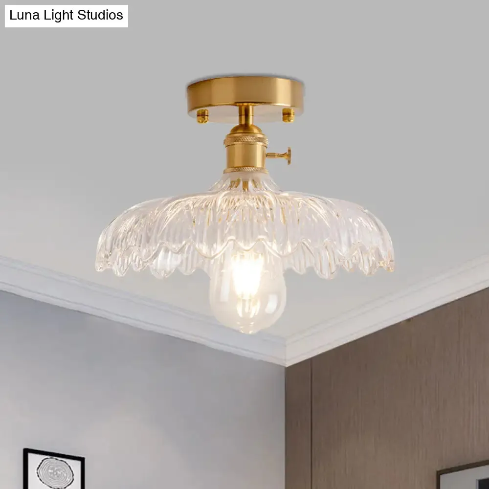 Industrial Brass Semi Flush Ceiling Light with Dome/Barn/Flower Shade - Amber/Clear Textured Glass - Ideal for Living Room