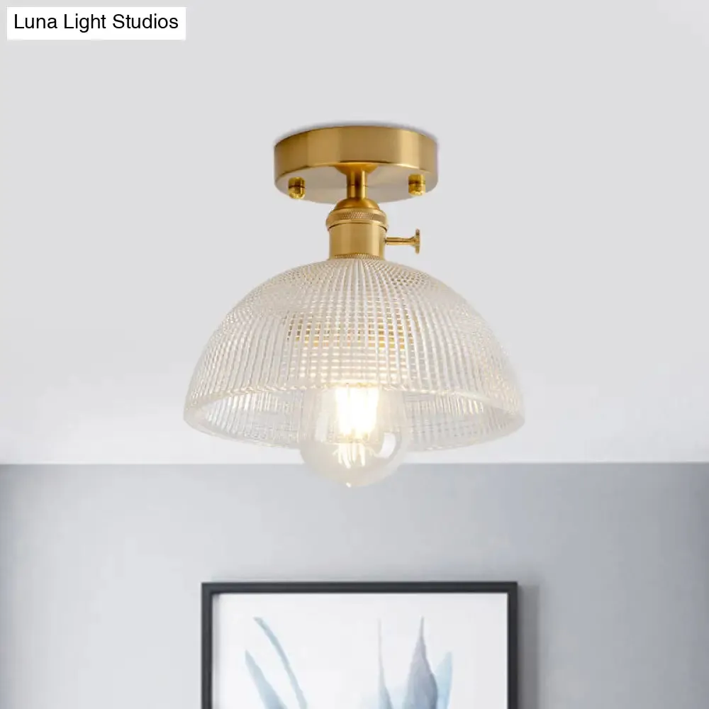 Industrial Brass Semi Flush Ceiling Light with Dome/Barn/Flower Shade - Amber/Clear Textured Glass - Ideal for Living Room