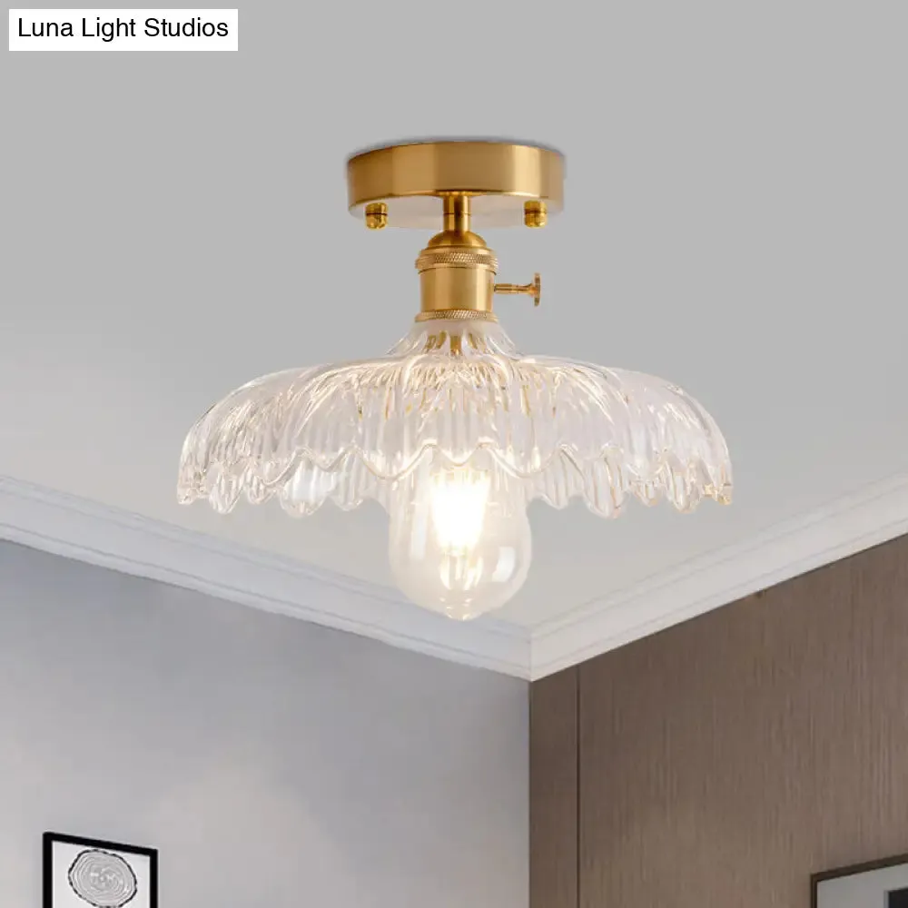 Industrial Brass Semi Flush Ceiling Light with Dome/Barn/Flower Shade - Amber/Clear Textured Glass - Ideal for Living Room