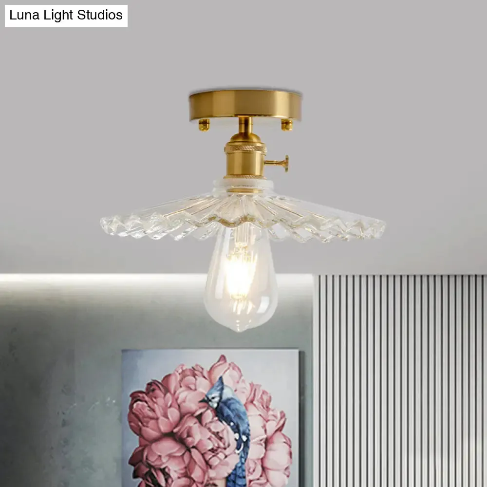 Industrial Brass Semi Flush Ceiling Light with Dome/Barn/Flower Shade - Amber/Clear Textured Glass - Ideal for Living Room