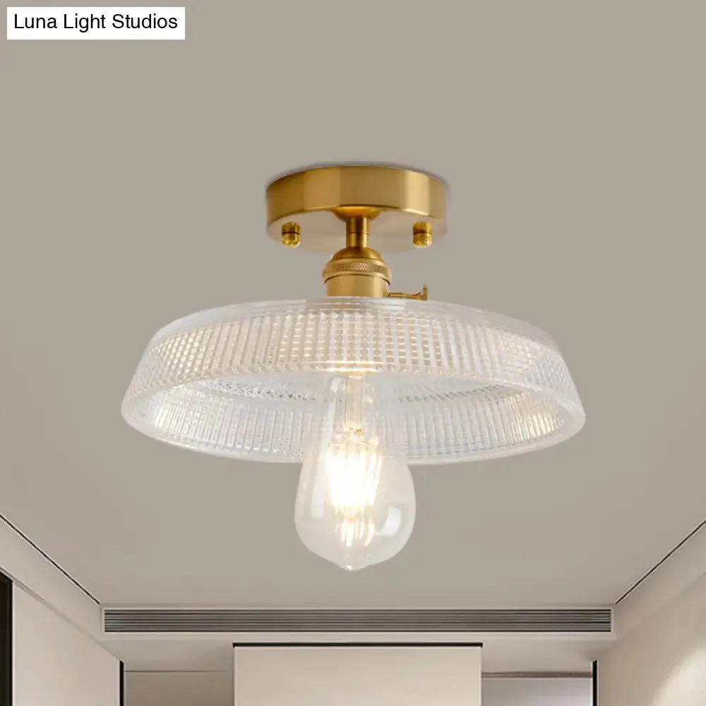 Industrial Brass Semi Flush Ceiling Light with Dome/Barn/Flower Shade - Amber/Clear Textured Glass - Ideal for Living Room