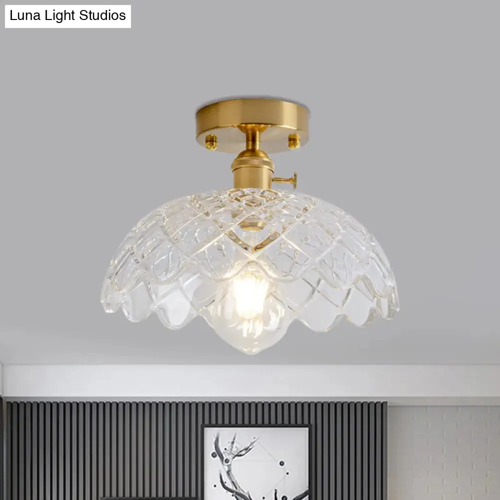 Industrial Brass Semi Flush Ceiling Light with Dome/Barn/Flower Shade - Amber/Clear Textured Glass - Ideal for Living Room