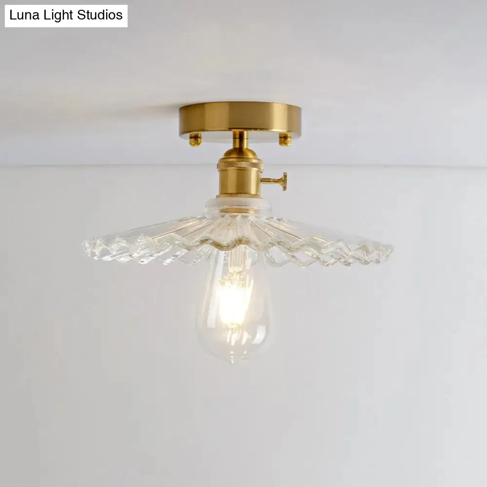 Industrial Brass Semi Flush Ceiling Light with Dome/Barn/Flower Shade - Amber/Clear Textured Glass - Ideal for Living Room