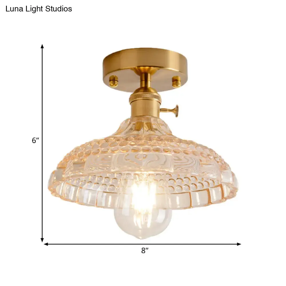 Industrial Brass Semi Flush Ceiling Light with Dome/Barn/Flower Shade - Amber/Clear Textured Glass - Ideal for Living Room