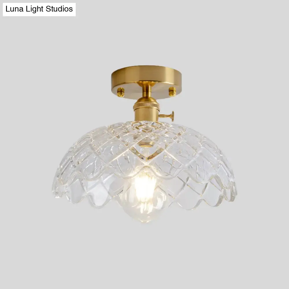 Industrial Brass Semi Flush Ceiling Light with Dome/Barn/Flower Shade - Amber/Clear Textured Glass - Ideal for Living Room