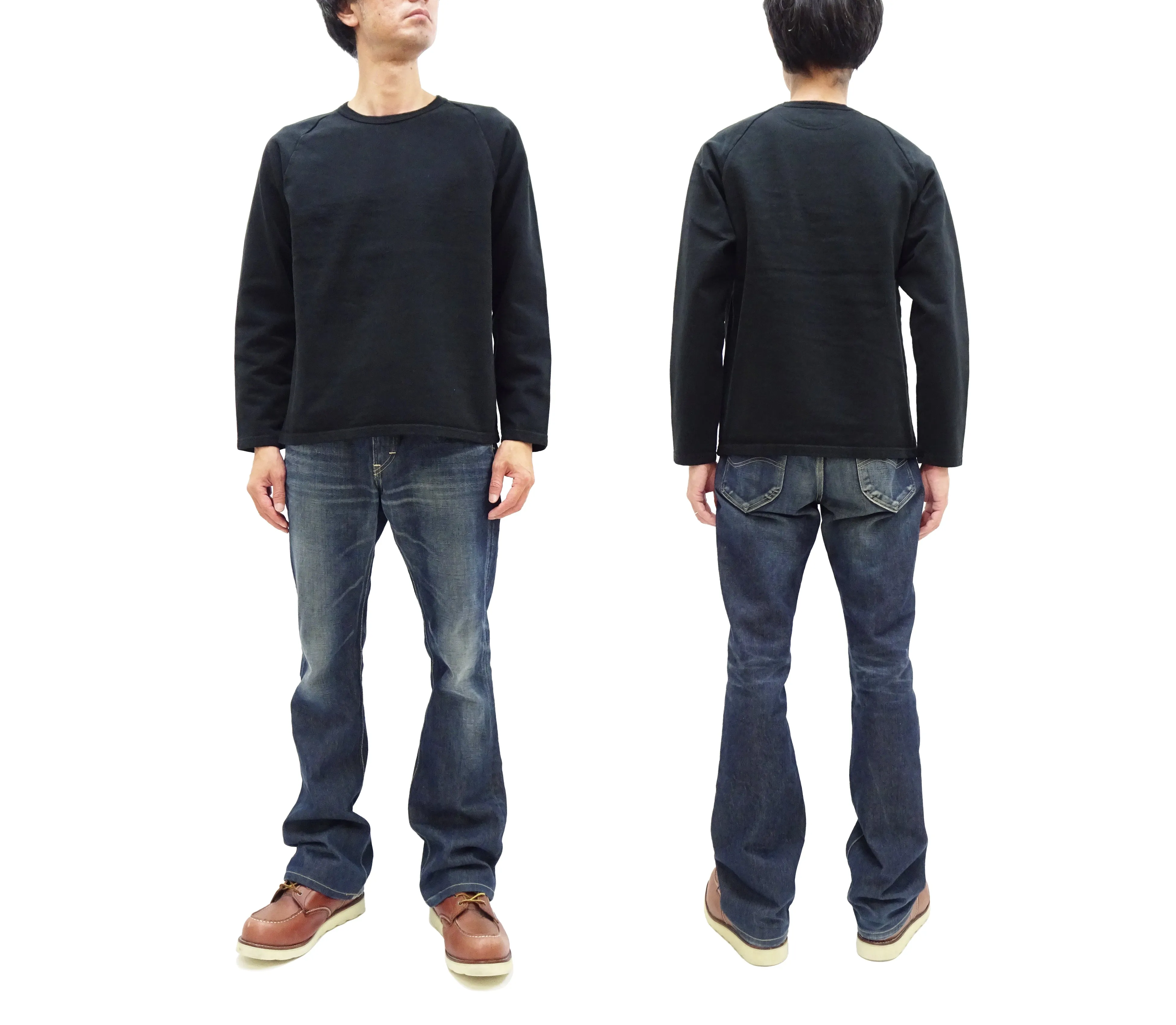 Japan Blue Jeans Long Sleeve French Terry T-Shirt Men's Casual Plain Crew-Neck Raglan-Sleeve Inlay Shirt JBKN1001 Black