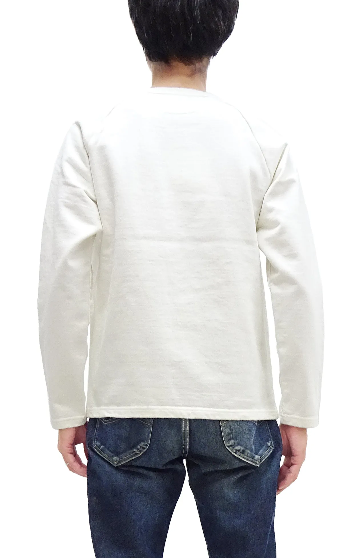 Japan Blue Jeans Long Sleeve French Terry T-Shirt Men's Casual Plain Crew-Neck Raglan-Sleeve Inlay Shirt JBKN1001 White