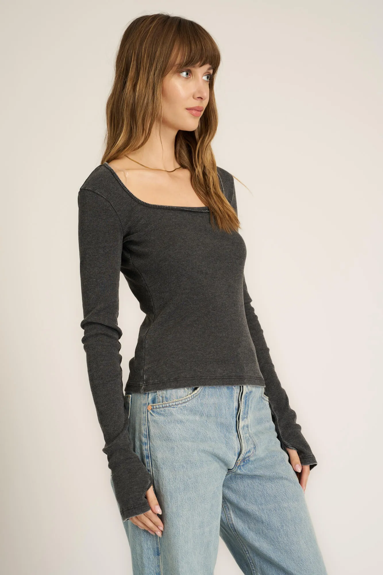 Kami Burnout Square Neck Long Sleeve - Black