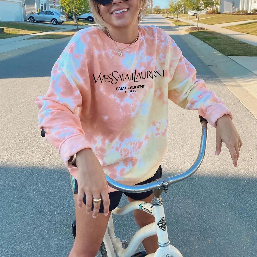 Pink Bleach Tie Dye Sweater Letters Printed Dyed Sweatshirt