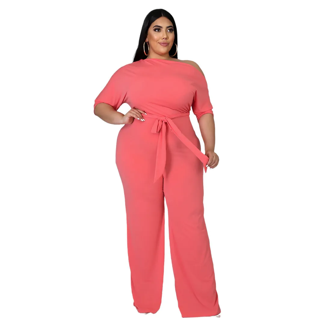 Plus Size Women Solid Color Lace-up Oblique Shoulder Horn Jumpsuit