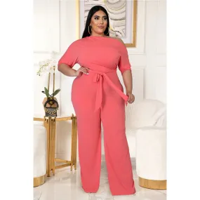 Plus Size Women Solid Color Lace-up Oblique Shoulder Horn Jumpsuit