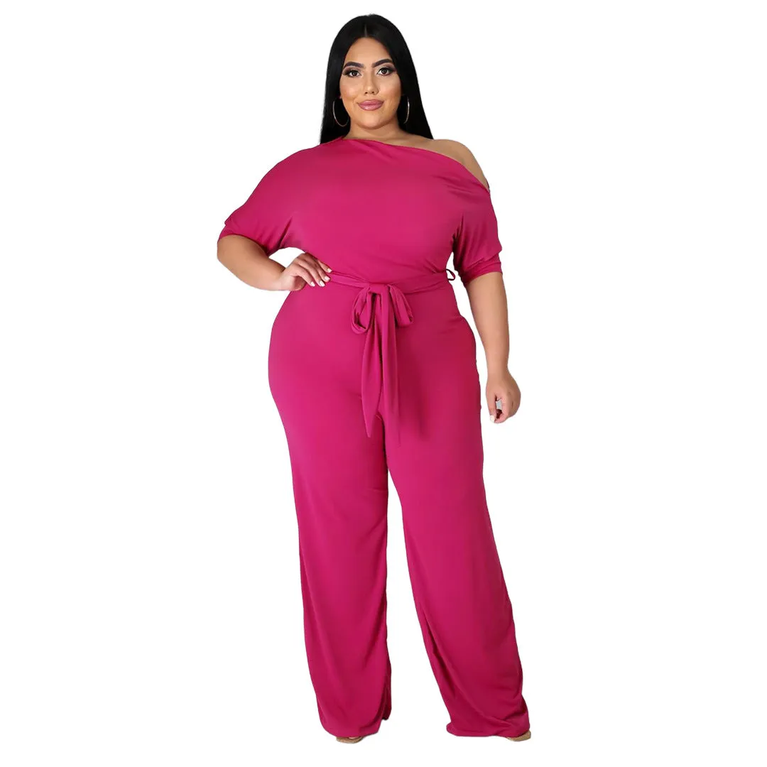 Plus Size Women Solid Color Lace-up Oblique Shoulder Horn Jumpsuit