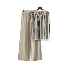 Pre Order:  Striped V-Neck Vest Wide Leg Pants Knitted Set