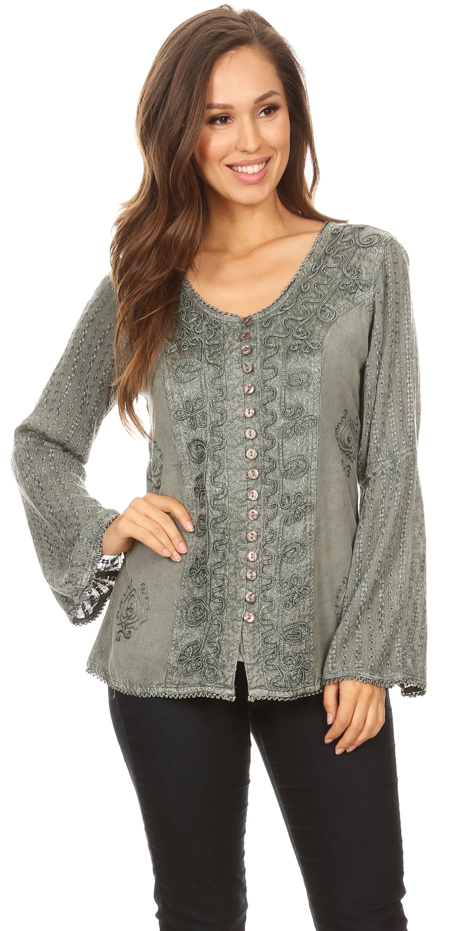 Sakkas Salma Womens Button Down Long Sleeve Blouse Top Shirt Stonewashed and Lace